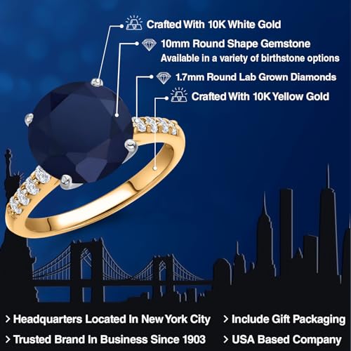 Gem Stone King 10K Two Tone Gold Round 10MM Gemstone Birthstone and Lab Grown Diamond Engagement Ring For Women | Wedding Anniversary Promise Ring For Women | Size 5,6,7,8,92