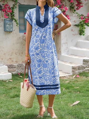 Image of Wenrine Womens Summer Floral Maxi Dress Casual Short Cap Sleeve V Neck Color Block Side Slit Loose Boho Beach Dresses