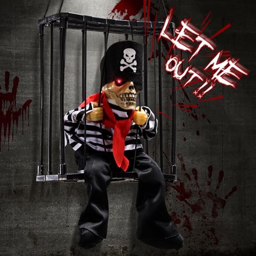Screaming Halloween Decorations, Animated Halloween Decor,Pirate Scary Skull Cage Prop