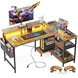 ODK 48 Inch Gaming Desk with USB Charging Ports and LED Lights, Reversible L Shaped Computer Desk with Storage Shelves & Monitor Stand, Corner Home Office Desk Table with Power Outlets, Vintage