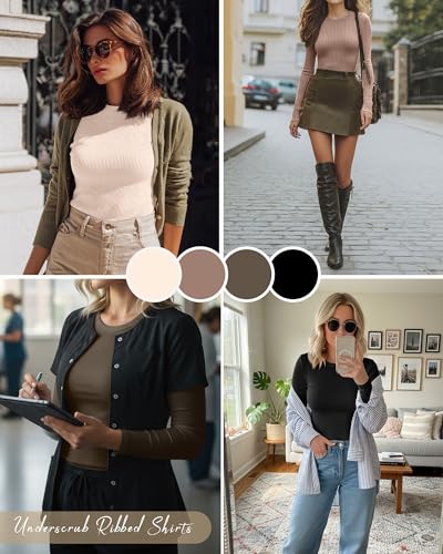 Neer 4 Pack Women's Ribbed Long Sleeve Shirts, Cotton Crew Neck Slim Fit Tops Stretch Knit Casual Base Layer Basic Tee Shirts3