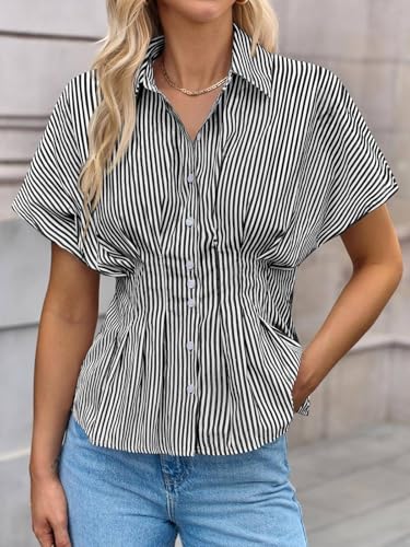 Tankaneo Womens Striped Peplum Button Down Shirts Short Sleeve Pleated Tops Summer Business Casual Blouses3