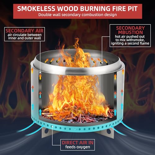 20 Inch Stainless Steel Smokeless Fire Pit, Outdoor Fire Pit, Outdoor Wood Burning Fire Pit, Removable Stand and Ash Pan, for Bonfire, Camping, Picnic, Family Gatherings for Garden