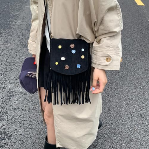 Women's Boho Fringe Crossbody Bag, Suede Leather Mini Shoulder Purse, Vintage Colorful Button Decor Tassel Tote Satchel2