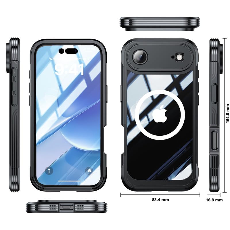 Image of LuxuryKase Shockproof Front & Back Cover for iPhone Air with Full Body Protection | Strong Grip | Camera & Screen Guard | Wireless Charging Support | Durable TPU+PC Design - Black