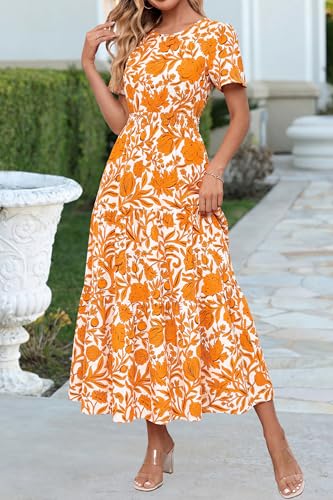 Image of PRETTYGARDEN Women's Casual Smocked Boho Floral A-Line Maxi Dress 2026 | Summer Short Flutter Sleeve Crewneck Tiered Long Sundress,Fall Wedding Guest Dresses,Spring Cute Flowy Beach Vacation Clothes