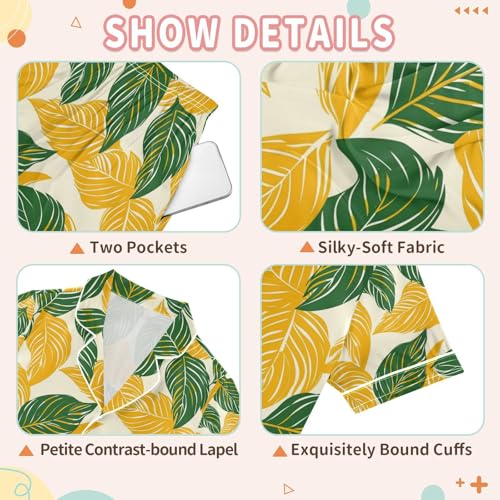senya Yellow Leaf Satin Summer Pajama Sets Silk Short Sleeve Button Down Sleepwear3