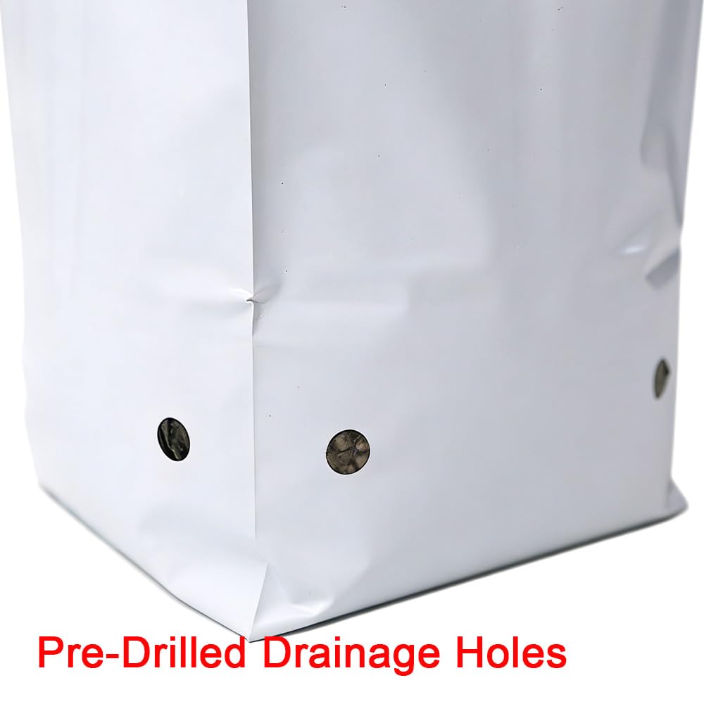 TOP-MAX 25 bolsas de cultivo de plástico con agujeros de drenaje, bolsas de cultivo de plástico transpirable blanco y negro para interiores y exteriores, contenedores de cultivo para verduras, hierbas