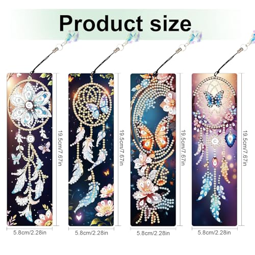 Image of 4 Pack Diamond Painting Bookmarks for Adults, 5D DIY Diamond Art Bookmark Kit with Tassels, Rhinestone Craft Supplies for Reading Lovers, Dreamcatcher & Butterfly Designs