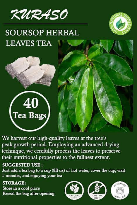 40 Premium Soursop Graviola Guanabana Leaves for Tea, TEA 80gr, 40 Teabag 2g/Teabag. 100% Natural and Pure from Soursop Leaves, for Digestion, Boosting Immune, Improving Sleep & Skin Health, Sugar/Caffeine/Gluten Free, Hoja Guanabana Tea.