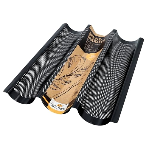 Birkmann, Bread Buddies Baguette Blech, Karbonstahl, perforierte Baguetteform für 3 Baguettes, mit Antihaftbeschichtung und Rezeptidee, 331006 Birkmann, Bread Buddies Baguette Blech, Karbonstahl, perforierte Baguetteform für 3 Baguettes, mit Antihaftbeschichtung und Rezeptidee, 331006