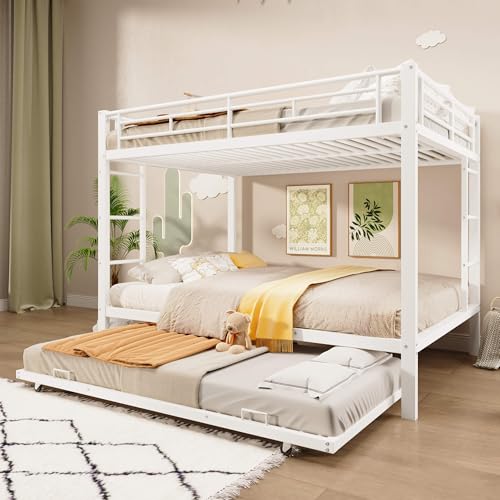 HYUB Litera de 140 x 200 cm con cama nido y anticaídas, cama alta de metal con somier, cama para niños y adolescentes, color blanco