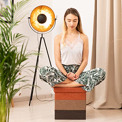 Tabouret cube pliant rayé 38x38x38 cm marron et orange coffre de rangement
