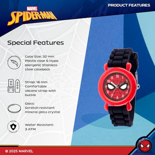 MARVEL Spiderman Watch for Kids - Spiderman Watch Boys - Spider-Man Watches for Boys 4-6 - Kids Toys Toddler - Teen - Red Case - Black Silicone Strap4