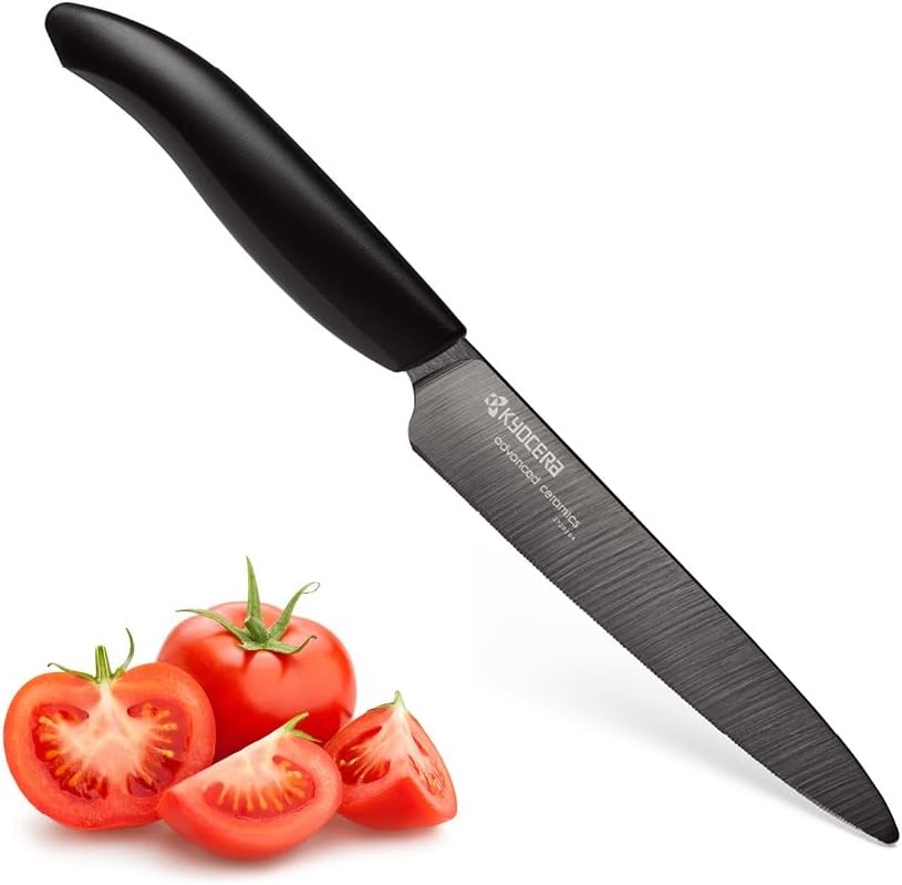 Kyocera Advanced Ceramic Revolution Series 5-inch Micro Serrated Tomato, Utility Knife, Black Blade