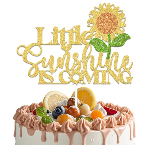 Little Sunshine Is Coming Decoración para tartas, decoración de fiesta de revelación de género, anuncio de embarazo con temática de sol, decoración de fiesta de baby shower, color dorado