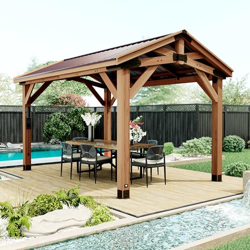 Backyard Discovery Norwood 14' x 10' Cedar Wood Outdoor Gazebo Pavilion with Hardtop Galvanized Steel Peak Roof, Snow Support, Wind Resistance, PowerPort, Shade for Garden, Patio, Deck, Entertaining - image 2