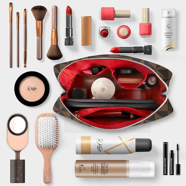 Leather Checkered Makeup Bag, 2 Pack Portable Cosmetic Bag, Large Capacity Waterproof Travel Toiletries Bag for Women, Christmas Gifts2