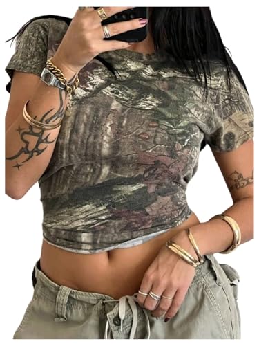 SOLY HUX Women's Camo T Shirt Crew Neck Short Sleeve Vintage Tees Maple Leaf Print Summer Streetwear Crop Tops