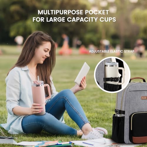 Image of LOVEVOOK Laptop Backpack for Women with Pouch Pocket for Large Capacity Cup,15.6 Inch Teacher Nurse College Work Backpack Purse,Waterproof Laptop Bag Computer Back Pack for Travel, Grey-Black-Brown