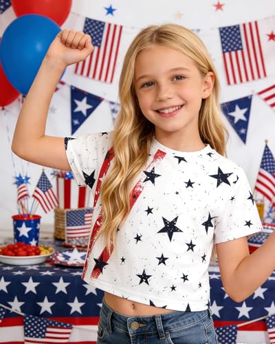Image of DDSOL Girls July 4th Crop Tops Patriotic Shirt American Flag Short Sleeve Tshirts for Girl 6-14 Years