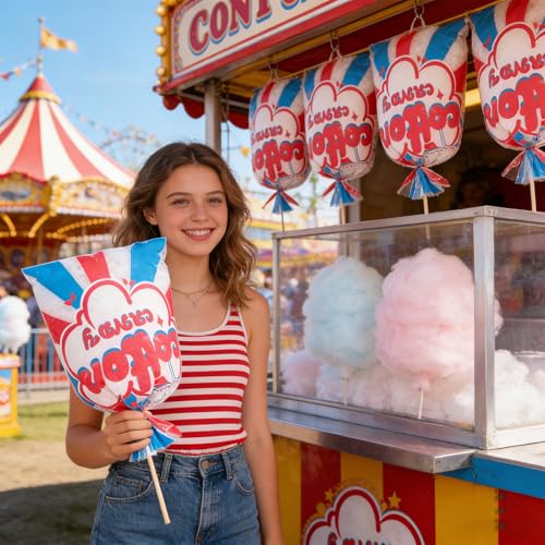 Image of 50 Pcs Cotton Candy Bags with Ties, 12 x 18 Inch Clear Printed OPP Bags for Large Fluffy Cotton Candy, Carnivals, Circus, Birthday Parties & Concession Stand Supplies