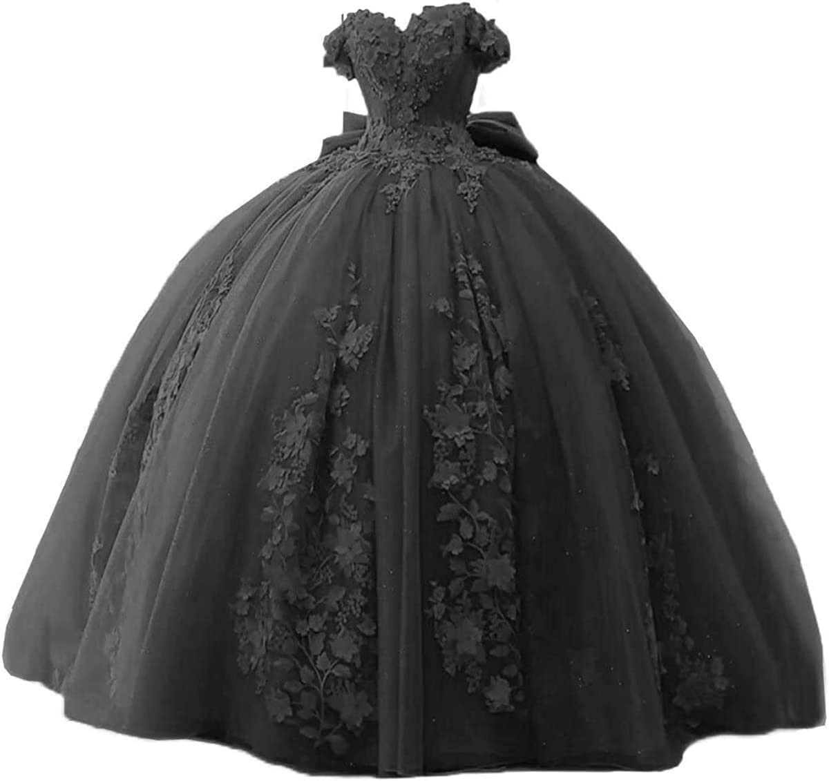 Fuomomo Off Shoulder Quinceanera Dresses Puffy Prom Dresses with 3D Floral Ball Gown Sweet 16 Dresses Lace Up Back Black