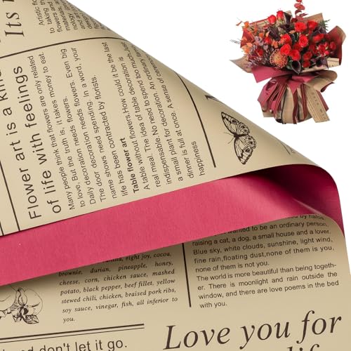 WRAPAHOLIC 20 Sheets Reversible Flower Wrapping Paper - 22 x 22 inch Retro Lettering and Red Water-Resistant Floral Bouquet Wrapping Paper, Florist Supplies Packaging Paper for Wedding Gift DIY