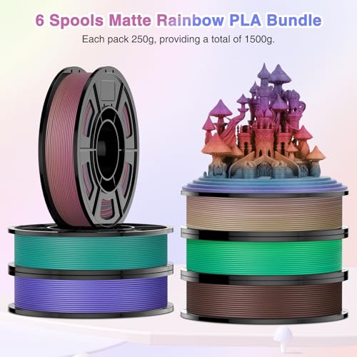 Image of Rainbow Matte PLA Filament Bundle | 6-Pack (250g per Spool, 1.5kg Total), Multicolor Changing 3D Printer Filament 1.75mm Rainbow Filament for FDM 3D Printers & 3D Pens