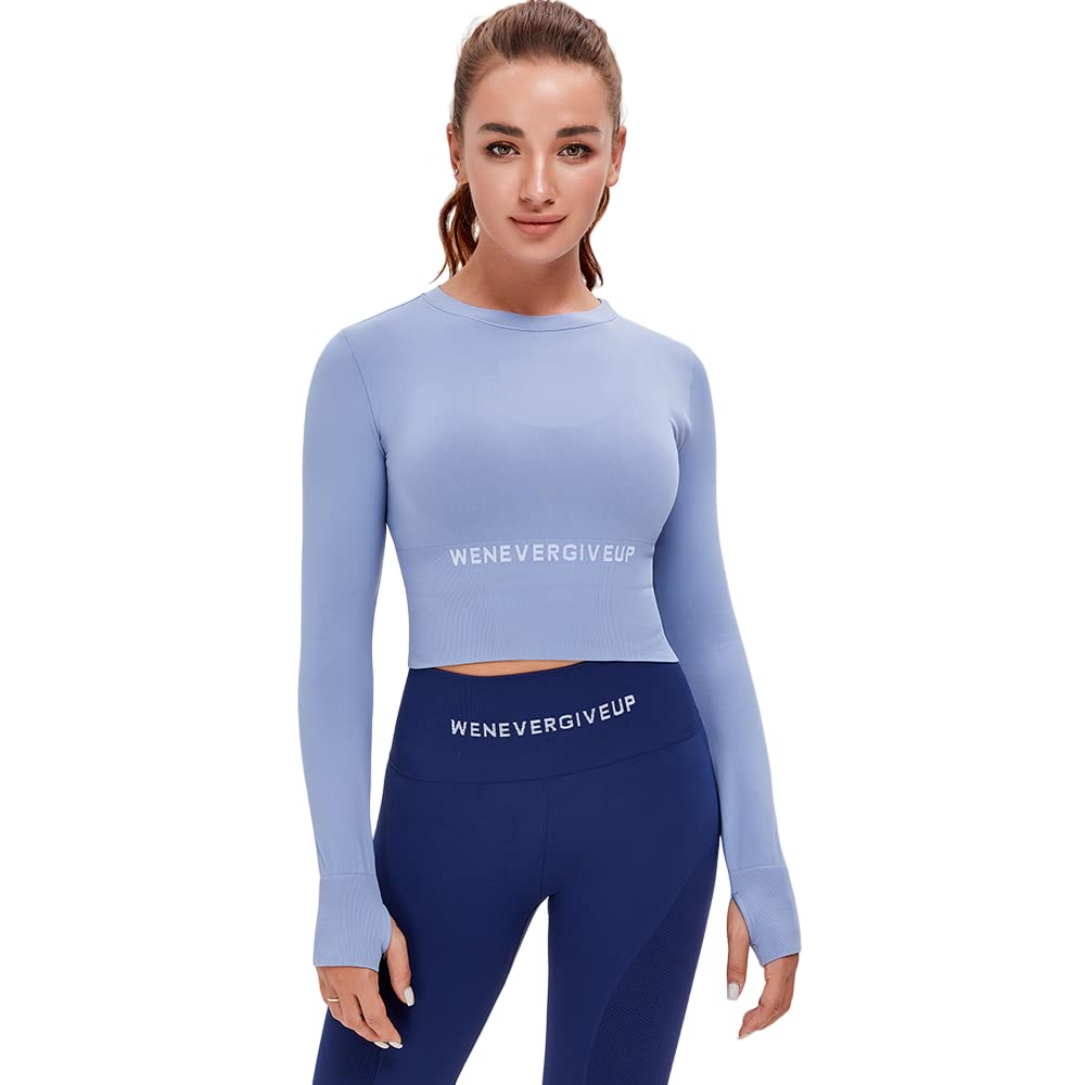 BaronHong Camisetas de entrenamiento de manga larga para mujer, gimnasio, correr, yoga, sin costuras, con agujero para el pulgar, ombliguera de manga larga para mujer, azul, M