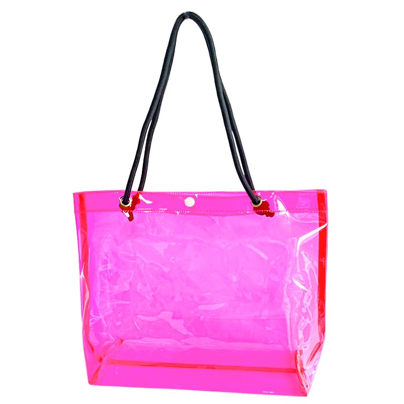 TotePrint Transparent PVC Pink Tote Bag with Black Handles, Waterproof Storage Organizer for Supermarket, Gym, Travel
