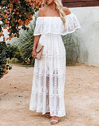 Image of HOYISHION Women's Off The Shoulder Floral Lace Maxi Dress White Bridesmaid Wedding Party Maternity Photoshoot Long Dresses