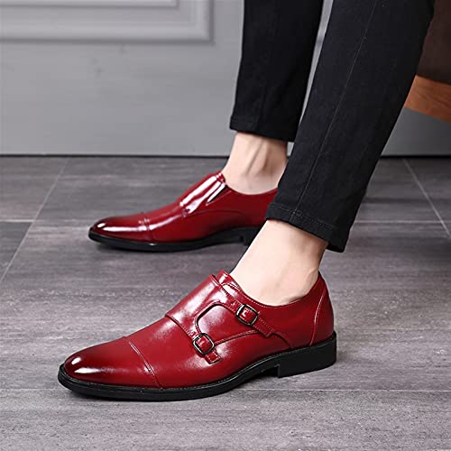 Dress Oxford for Men Slip On Monk Strap Cap Toe Black Burnished Toe PU Leather Non Slip Low Top Block Heel Anti-Slip Casual(Red,10 M US)2