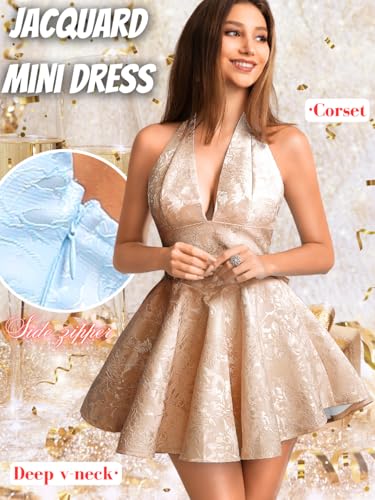Image of ShawGobow Jacquard Corset Dress,Deep V Halter Mini Dresses with Bow Back,Sexy Birthday Outfits Women Homecoming Prom Formal