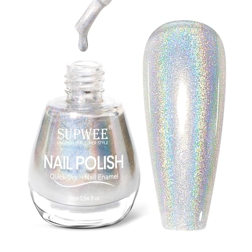 Silver Holographic Nail Polish Iridescent Quick Dry Nail Polish Glitter Nail Lacquer High Glossy Finger Nail Air Dry Fast Manicure DIY Nail Art Salon Gift for Women Girl