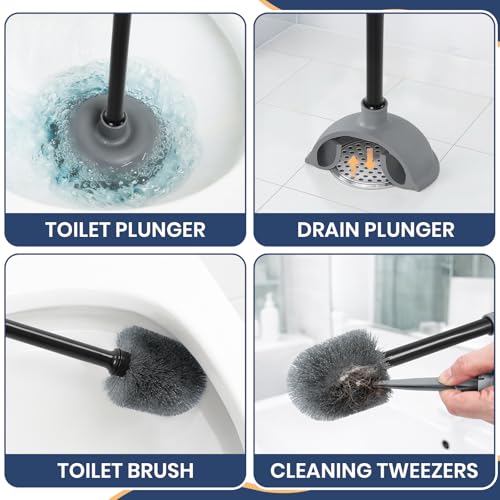 Image of Toilet Bowl Brush and Plunger Set with Toilet Cleaner Brushes and Heavy Duty Plunger Long Handle for Essential Bathroom Scrubber Cleaning
