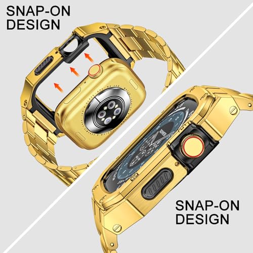 Image of BAITEYOU Stainless Steel Watch Band with Case Compatible with Apple Watch Series SE 3 2 1 /6 5 4 (44mm), Series 3 2 1 (42mm), Metal Protective Bumper Rugged Cover for iWatch Bands Men (Gold)