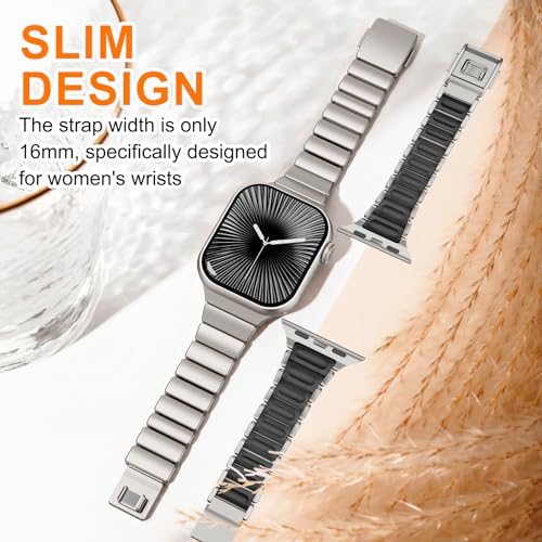 Image of Magnetic Slim Metal Band Compatible with Apple Watch Bands for Women Series 11 10 46mm 45mm 44mm 42mm SE 9 8 7 6 5 4 38mm 40mm 41mm 3 /2 /1,Luxury Stainless Steel Strap Silicone Link For iwatch