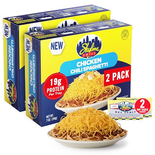 Skyline Heat and Eat Chicken Chili Spaghetti Bundle - 2-Pack 7 oz Chicken Chili with 2 packets Skyline Chili Hot Sauce, Authentic Cincinnati Chili & Spicy Sauce for Spaghetti, Coney Dogs & More