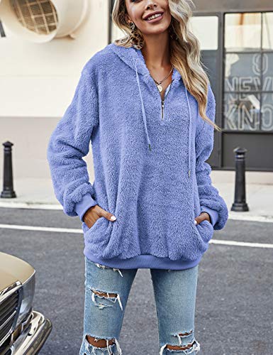 Romanstii Spring Sweatshirts Hooded for Women Fleece Jackets Sherpa Pullover Winter Coats with Pockets Sky Blue M