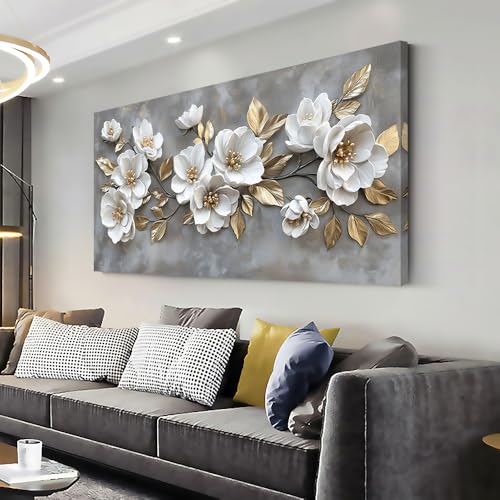 LAVIKARS Modern Gray Flowers Wall Art for Living Room Office White and Golden Floral Landscape Canvas Painting Prints Large Delicate Petals Artwork Kitchen Home Bedroom Decor (16x30 Inches)
