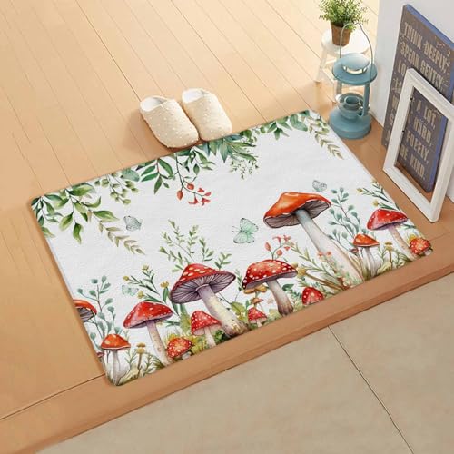 Mushroom Eucalyptus Kitchen Bath Door Mat Cushioned Runner Rug,Washable Welcome Floor Sink Antifatigue Mat,Waterproof & Non-Slip Comfort Standing Doormat,Green Leaves Wildflower Herb White 18