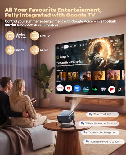 Smart 4K Projector [Google TV Stick Built-in & 360° Stand] with WiFi 6, Bluetooth 5.3, HDR10, 30W Hi-Fi, AI Auto Focus, Outdoor Portable Short Throw Movie Projector for Home Theater Bedroom Ceiling — view 2