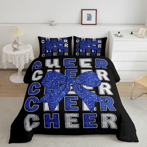 Image of Feelyou Bowknot Cheer Bedding Set Soft for Boys Girls, Blue Cheerleading Comforter Set Twin Size Glitter Cheerleader Duvet Quilt Microfiber Cheer Bow Bedroom Decor 2 Pcs with 1 Pillow Cases
