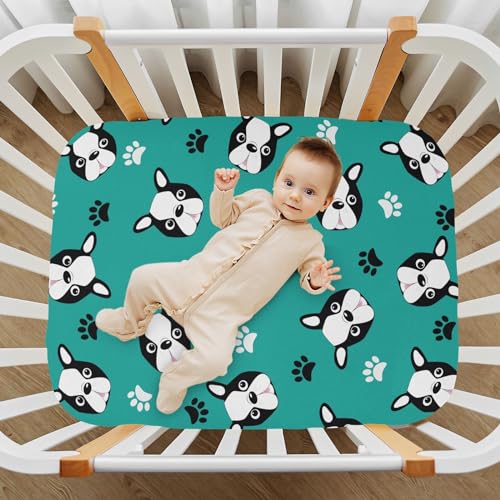 Image of Boston Terrier Puppy Head Fitted Crib Sheets Stretchy Portable Playard Sheets for Baby Toddler, Breathable Soft Mini Crib Mattress 52 x 28 in for Boys and Girls