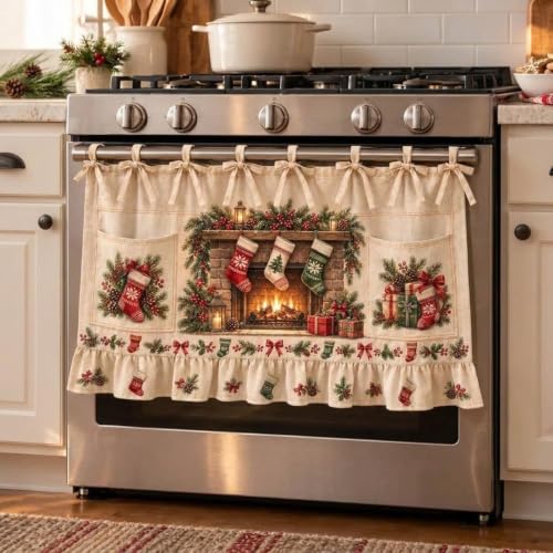 Aufmer Vintage Fireplace Print Christmas Oven Skirt Curtains W/ 2 Pockets - image 1