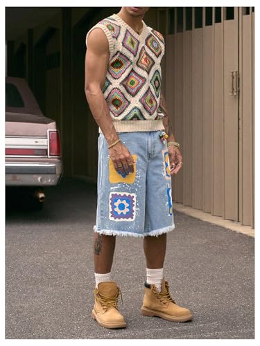 Verdusa Men's Hip Hop Patchwork Sweater Vest Boho Summer Sleeveless Knit Tops4