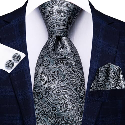 Paisley: Hi-Tie New Classic Black Woven Silk Tie Handkerchief Cufflinks set