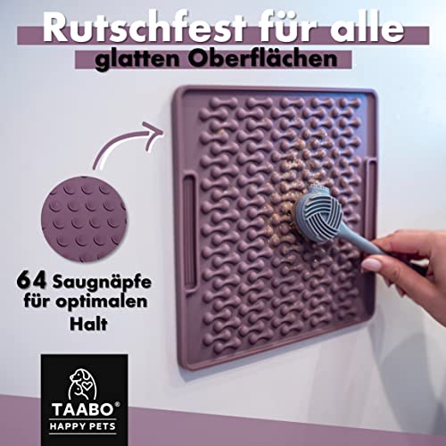 TAABO - Leckmatte inkl. Spatel mit 64 Saugnäpfen für Hund & Katze aus lebensmittelechtem Silikon (20x20cm) - Schleck-Matte zur Beschäftigung - Hunde & Katzen Leckerli-Matte BPA-Frei, Spülmaschinenfest