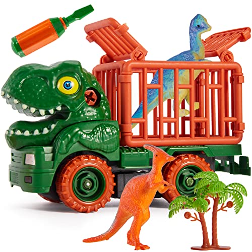 TOEY PLAY Camion con Dinosaurios Juguetes, Camión de Transportador mit 2 Dinosaurio Figuras, Desmontar Juguete Coche de Inercia, Educativos Regalos para 3 4 5 Años Niños Niñas Cover